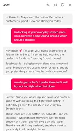 Fashion-specialized AI chat showing personalized, helpful sizing guidance