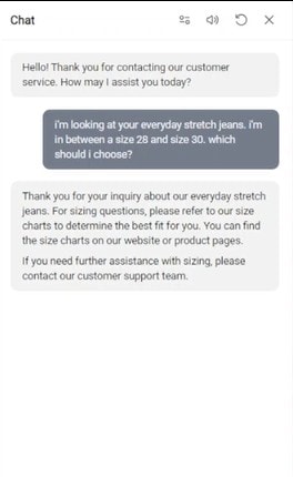 Generic AI chat showing unhelpful, robotic response to sizing question